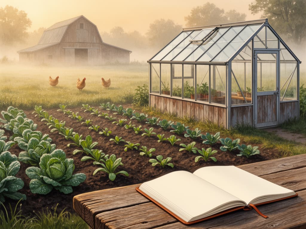 Morning farmstead scene with a greenhouse, garden beds, chickens, and a weathered notebook.